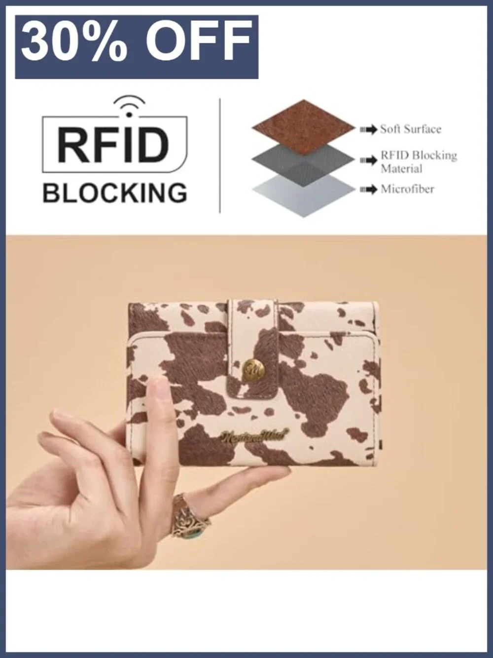 Women's Trifold Wallet RFID Vegan Leather Cow Print Card Holder Clutch